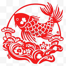 红色剪纸鲤鱼图片_新年手绘元素窗花红色剪纸鲤鱼