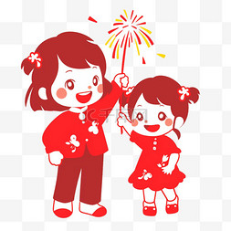 烟花新年背景图片_新年红色剪纸孩子放烟花卡通手绘