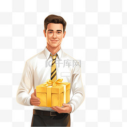 一名穿白色衬衫的男子拿着黄色盒