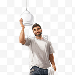 一名穿着白色T恤的男子在吊灯下
