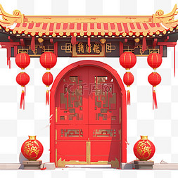 新年的门图片_新年免抠元素大红灯笼门面手绘