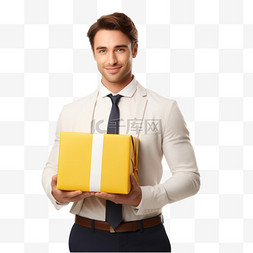 一名穿白色衬衫的男子拿着黄色盒