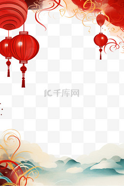 红色梅花背景图片_红色祥云灯笼手绘新年边框元素
