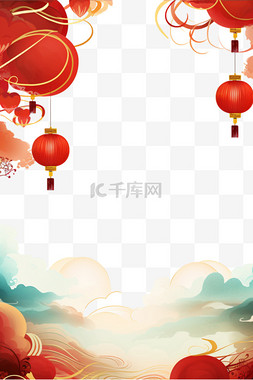 红色梅花背景图片_新年边框祥云红色灯笼手绘元素