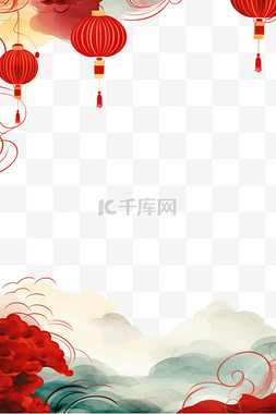 梅花红色边框图片_新年边框灯笼红色祥云手绘元素