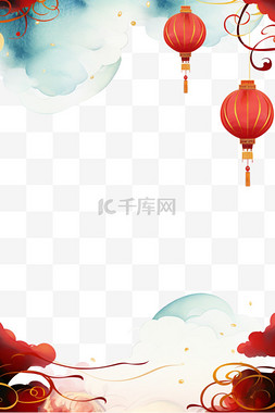 梅花背景素材图片_新年红色祥云灯笼边框手绘元素