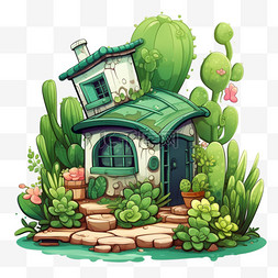 卡通绿色房子免扣元素装饰素材