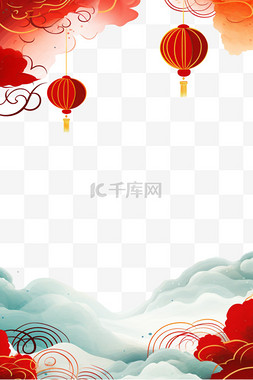 梅花灯笼手绘图片_边框红色新年祥云灯笼手绘元素