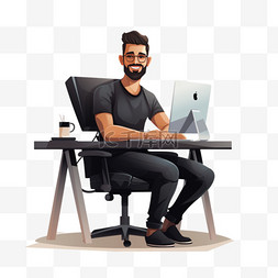 坐在椅子前图片_一名身穿黑色衬衫的男子坐在电脑
