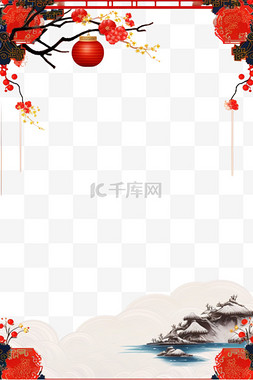 梅花背景素材图片_新年手绘边框红色祥云灯笼元素