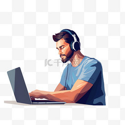 男人坐在电脑前听着音乐的浅焦摄影