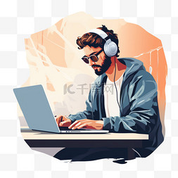 男人坐在电脑前听着音乐的浅焦摄