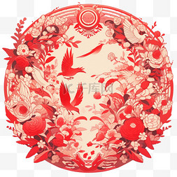 中国红窗花图片_新年窗花手绘红色喜鹊元素