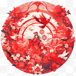 中国红背景素材图片_手绘新年窗花红色喜鹊元素