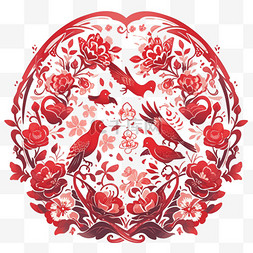 中国红色主题图片_新年手绘元素窗花红色喜鹊