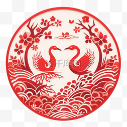 中国红色主题图片_窗花新年红色喜鹊手绘元素