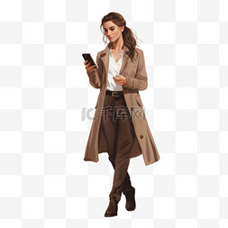 一名身穿棕色外套的女子手持智能