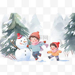 卡通下雪场景图片_圣诞节冬天孩子打雪仗手绘卡通元