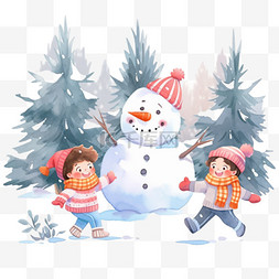 冬天雪松树图片_卡通圣诞节冬天孩子打雪仗手绘元