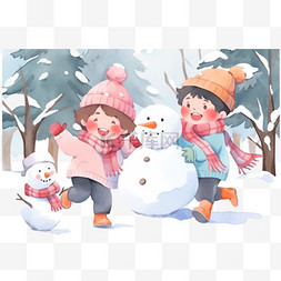 圣诞节的雪人图片_圣诞节卡通冬天孩子打雪仗手绘元