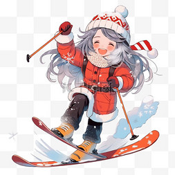 红色围脖手绘图片_手绘冬天可爱的女孩滑雪卡通元素