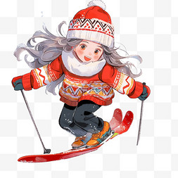 红色围脖手绘图片_可爱的女孩滑雪卡通手绘元素冬天