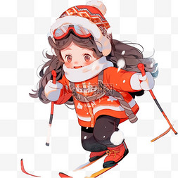冬天卡通可爱的女孩滑雪手绘元素