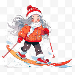 冬天卡通下雪图片_冬天卡通手绘可爱的女孩滑雪元素