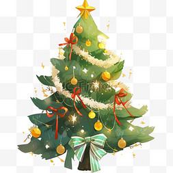 黄色彩灯背景图片_手绘节日圣诞树彩带礼物元素