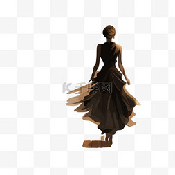 一名身穿黑裙的女子走在棕色木地