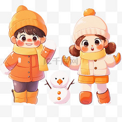 橙黄配色图片_冬天可爱孩子堆雪人手绘卡通元素