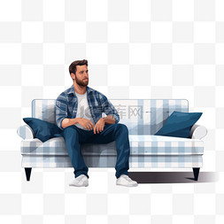 一名男子坐在沙发上，穿着蓝白相