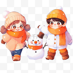 橙黄图片_冬天堆雪人可爱孩子卡通手绘元素