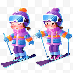 手绘蓝色冬天图片_可爱孩子滑雪卡通冬天手绘元素