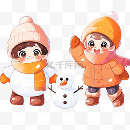橙黄背景图片_冬天可爱孩子堆雪人卡通手绘元素