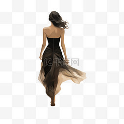 砖墙木地板图片_一名身穿黑裙的女子走在棕色木地