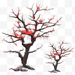 干枯树枝背景图片_落雪梅花树手绘免抠元素冬天