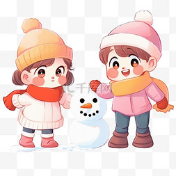 冬天可爱孩子卡通堆雪人手绘元素