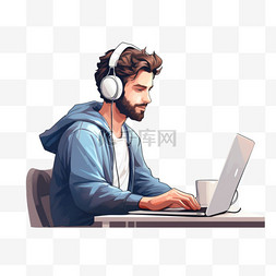 男人坐在电脑前听着音乐的浅焦摄