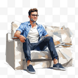 一名男子坐在沙发上，穿着蓝白相