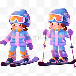 冬天卡通可爱孩子滑雪手绘元素