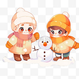 橙黄背景背景图片_冬天堆雪人可爱孩子卡通手绘元素