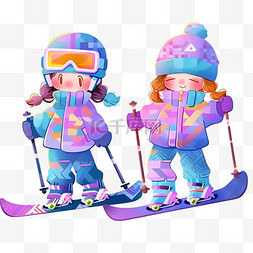 蓝色冬天背景图片_冬天可爱孩子滑雪手绘卡通元素