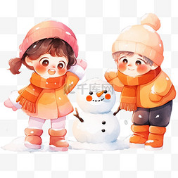 可爱冬装图片_冬天堆雪人卡通可爱孩子手绘元素