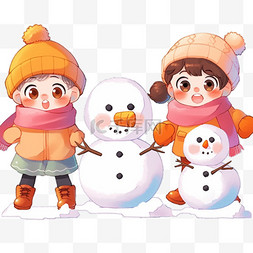 橙黄配色图片_冬天可爱孩子卡通手绘元素堆雪人
