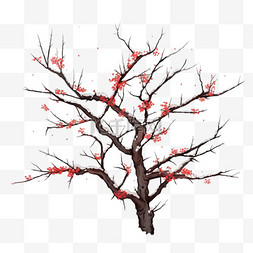 红色花树图片_落雪冬天梅花树手绘免抠元素