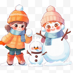 橙黄配色图片_冬天堆雪人卡通手绘元素可爱孩子