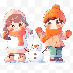 橙黄背景图片_可爱孩子堆雪人冬天卡通手绘元素