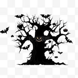 黑色枯树剪影图片_万圣节枯树剪影卡通蝙蝠手绘元素