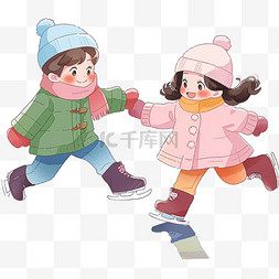 孩子在溜冰图片_冬天可爱孩子卡通手绘元素溜冰